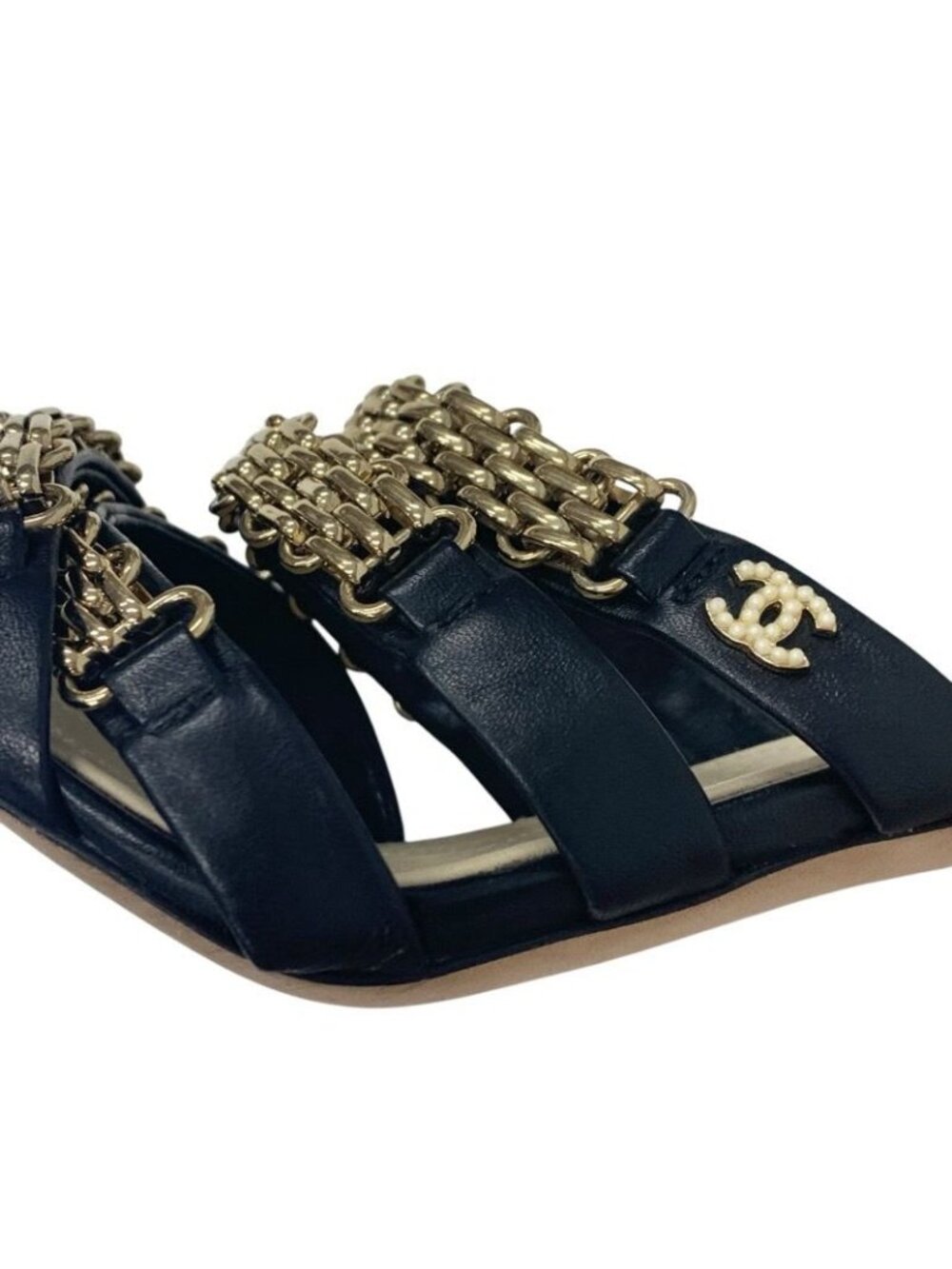 ★SOLD★ Chanel Sandals Shoes Leather Black Gold Coco Mark Chain Strap - Picture 9 of 9